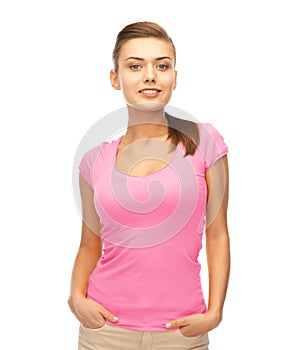 Woman in blank pink t-shirt