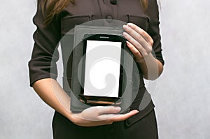 Woman with blank screen Tablet PC.