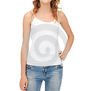 Woman in blank white tank top