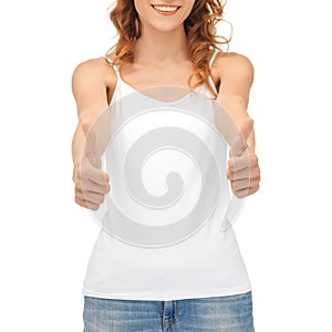 Woman in blank white tank top