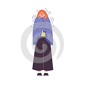 Woman in blanket shakes and has chills, flat vector illustration isolated on white background.