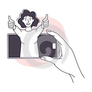 Woman Blogger Character on Smartphone Screen Showing Thumb Up Vector Illustration