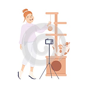 Woman Blogger Creating Cat Pets Care Blog and Straming Online, Blogging, Social Media Networking Concept Cartoon Style