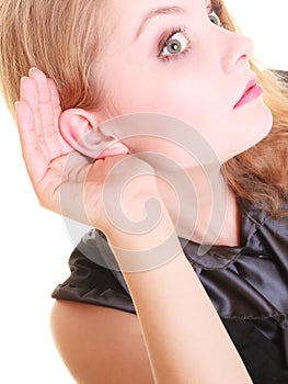 Woman blonde buisnesswoman listening isolated