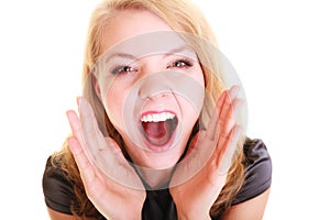 Woman blonde buisnesswoman shouting isolated