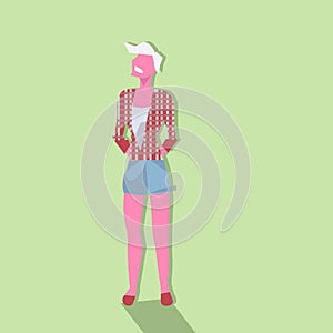 Woman blonde hand in pocket standing pose female cartoon character full length flat