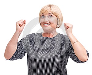 Woman, blonde, isolated on white background, smiling, clasped hands, in a fist.