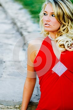 Woman - Blonde Model in Formal Red Dress