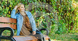Woman blonde take break relaxing in park. You deserve break for relax. Ways to give yourself break and enjoy leisure