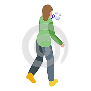 Woman blowing bubbles icon isometric vector. Child soap