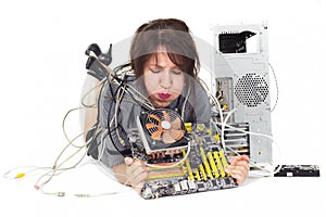 Woman blowing computer fan