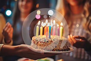 Woman blows out the candles on the birthday cake. Celebration party.