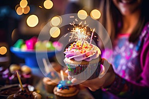 Woman blows out the candles on the birthday cake. Celebration party.