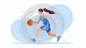 A woman in a blue basketball jersey is running with a basketball