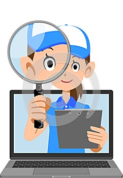 Woman in blue cap and polo shirt researching online