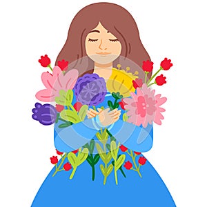 Woman in a blue dress with a bouquet of flowers. Mother`s Day. 8 March International womens day vector.