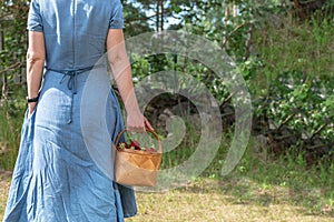 The woman in the blue dress carries a basket with strawberries