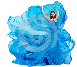 Woman Blue Dress, Fashion Model Dancing in Long Waving Gown, Fabric Fluttering