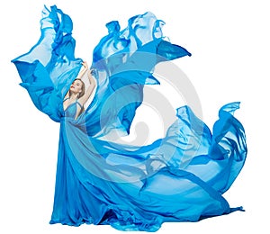 Woman Blue Dress Fluttering as Wave, Waving Silk Cloth, Artistic Fashion Model in color Fabric on White