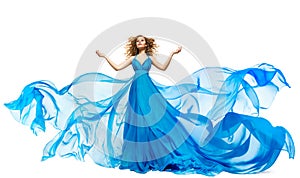 Woman Blue Dress Fluttering on Wind, Waving Silk Cloth and Hair, Artistic Fashion Gown Waving on White photo