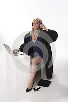 Woman in blue dress with low neckline