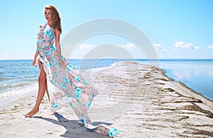 Woman in a blue dress on the sea coast