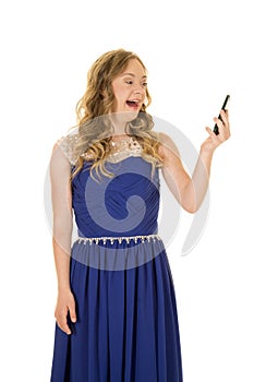 Woman blue dress shocked phone
