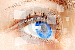 Woman blue eye looking on digital virtual screen