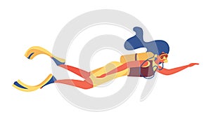 Woman with blue hair diving. Isolated sport character with aqualung or scuba gear and flippers
