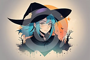 Woman With Blue Hair Wearing a Witches Hat. Generative AI.