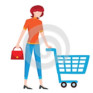 a woman in blue jeans and an orange t-shirt with a red small handbag pushing an empty grocery cart in front of her, flat, isolated