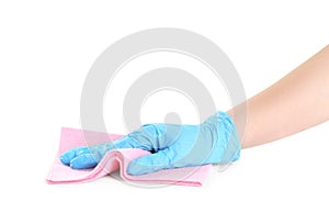 Woman in blue latex gloves with rag on background, closeup of hand