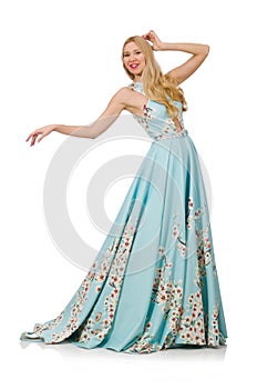 Woman in blue long dress with flower prints