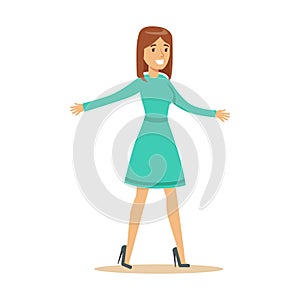 Woman In Blue Long Sleeve Dress Overwhelmed With Happiness And Joyfully Ecstatic, Happy Smiling Cartoon Character