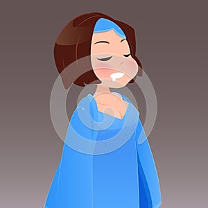 Woman in a blue nightwear sleepwalker on a brown background photo
