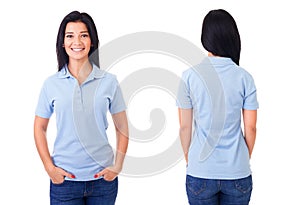 Woman in blue polo shirt