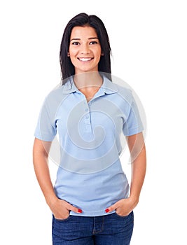 Woman in blue polo shirt photo