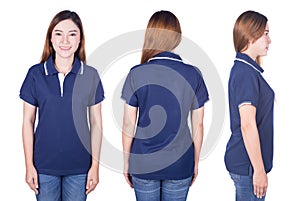 Woman in blue polo shirt isolated on white background