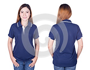 Woman in blue polo shirt isolated on white background