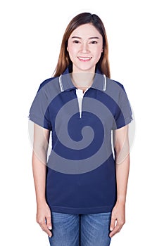 Woman in blue polo shirt isolated on white background