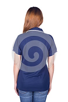 Woman in blue polo shirt isolated on white background back side