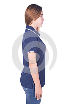 Woman in blue polo shirt isolated on white background side view