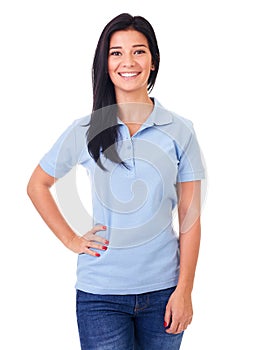 Woman in blue polo shirt on a white photo