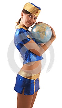 Woman in blue suit with globe, side view