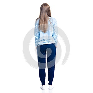 Woman in blue sweatpants sport style casual standing looking