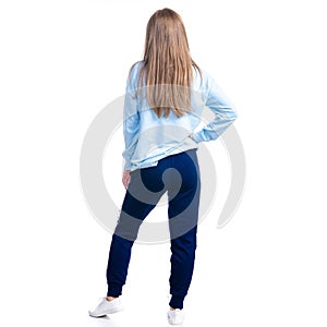 Woman in blue sweatpants sport style casual standing looking