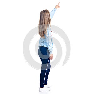 Woman in blue sweatpants sport style casual standing looking showing pointing