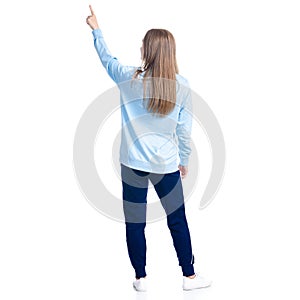 Woman in blue sweatpants sport style casual standing looking showing pointing