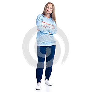 Woman in blue sweatpants sport style casual standing looking smiling