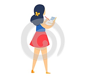 Woman in blue top and red skirt writing notes with pencil. Cartoon female character taking survey or making a list